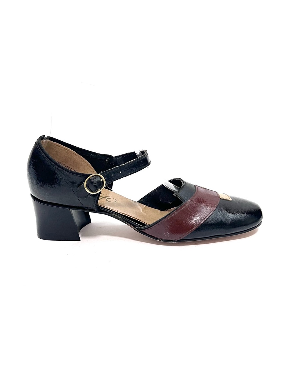 Vintage 1960s black vegan leather brown appliqué d'Orsay Mary Jane heels